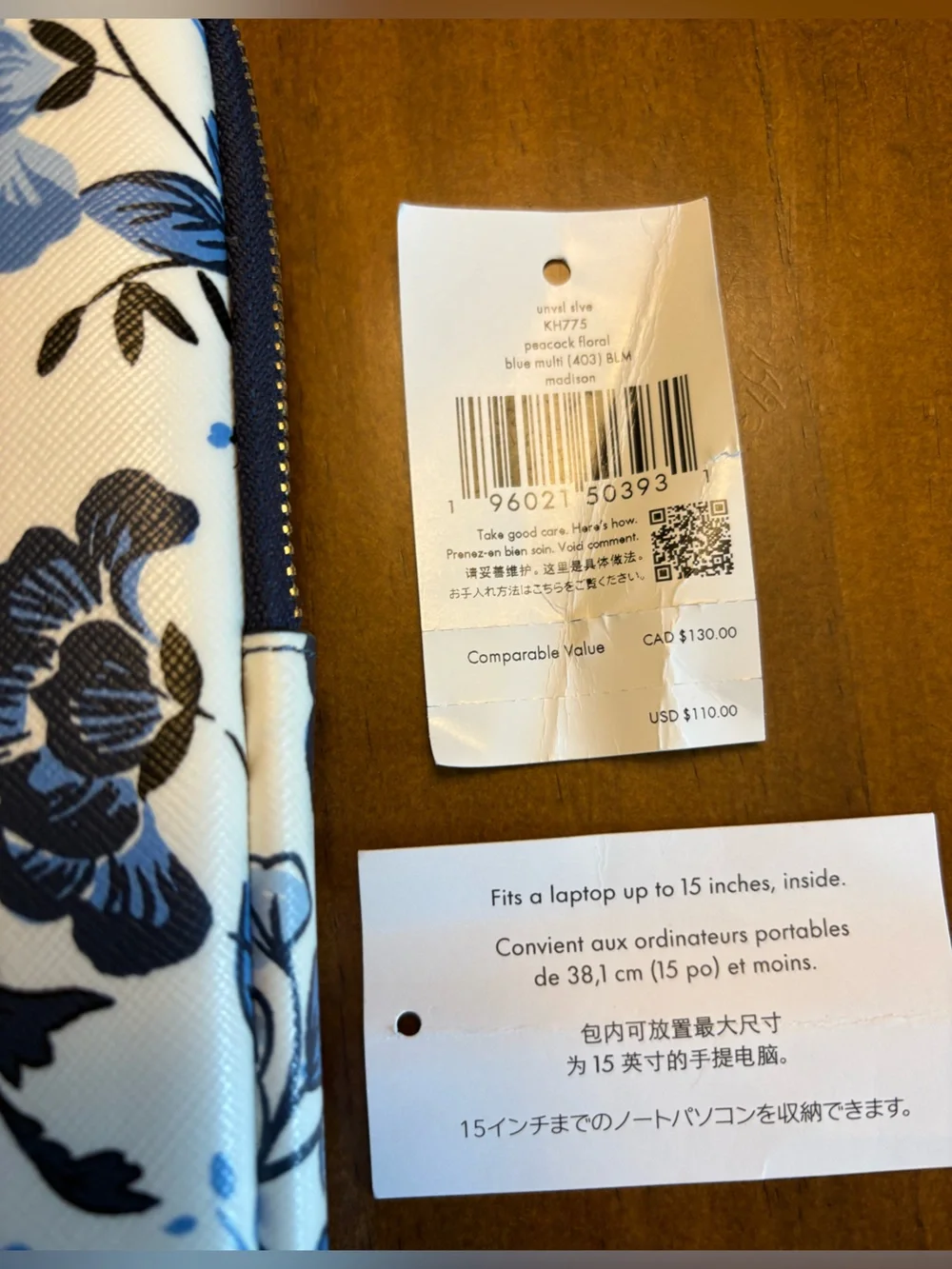 kate spade Madison Peacock 15” Floral Laptop Sleeve in Blue Multi Style KH775